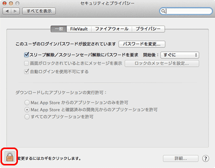 セキュリティーとプライバシー画面にて［カギのアイコン］をクリック